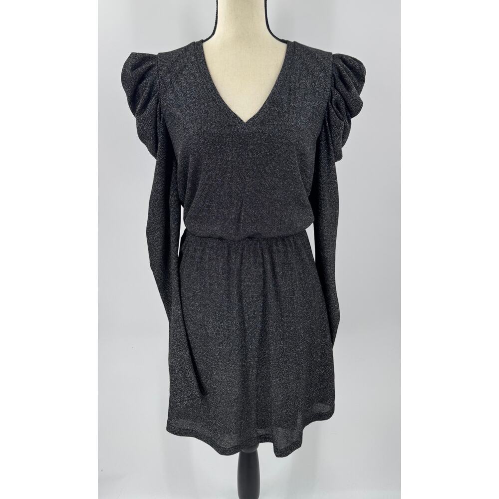 Walter Baker Black Gold Metallic Mini Dress M Cocktail Evening Puff Sleeve 80s